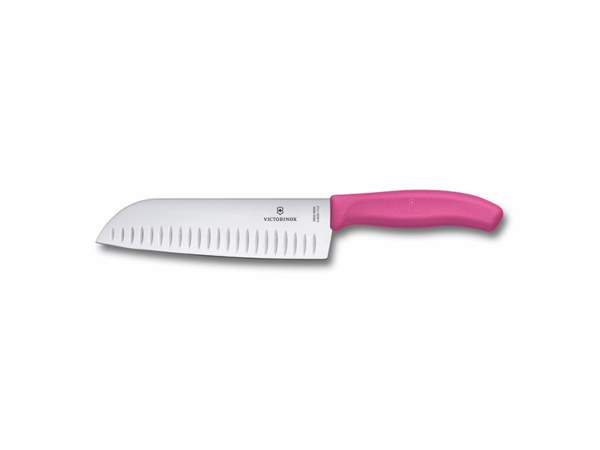 Santokumesser Swiss Classic mit pinkem Griff und Kullenschliff