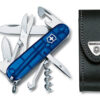 Mittleres Taschenmesser Climber blau transparent mit schwarzem Leder-Etui