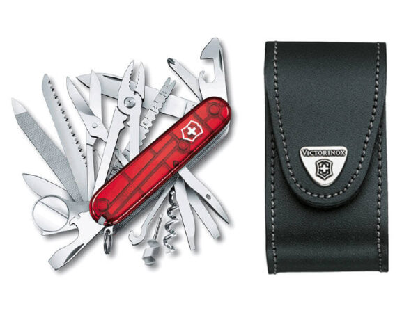 Mittleres Taschenmesser Swiss Champ rot transparent mit schwarzem Leder-Etui
