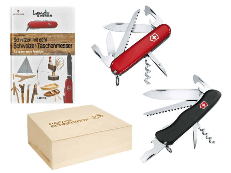 Geschenkbox Papa Schnitzbox mit Großen und mittleren Taschenmesser Junior 04 Forester mit Schnitzbuch Holzbox