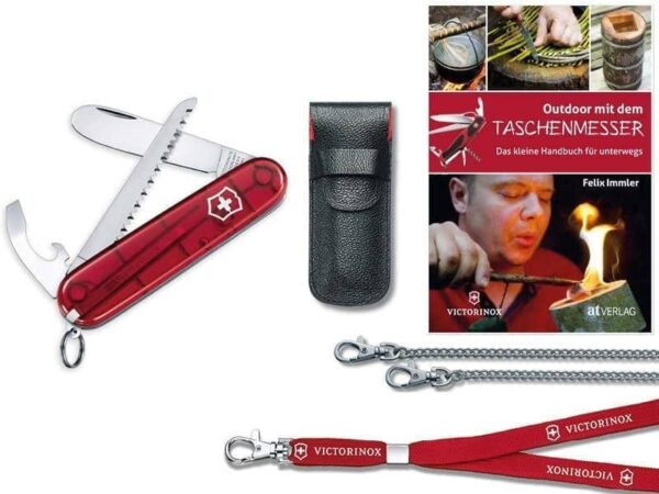 Kinder Taschenmesser Set My first Victorinox rot transparent mit Leder-Etui, Nackenband, Panzerkette und Taschenmbuch