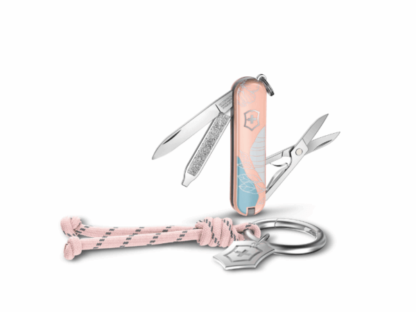 Classic SD - Live to Explore Kleines Taschenmesser Classic SD Paris Style Rosa Blau mit Schlüsselanhänger und Kordel offen