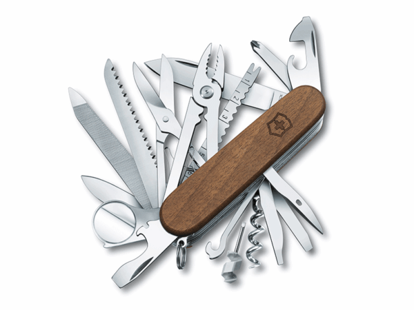 Mittleres Taschenmesser Swiss Champ Wood mit brauner Holzschale