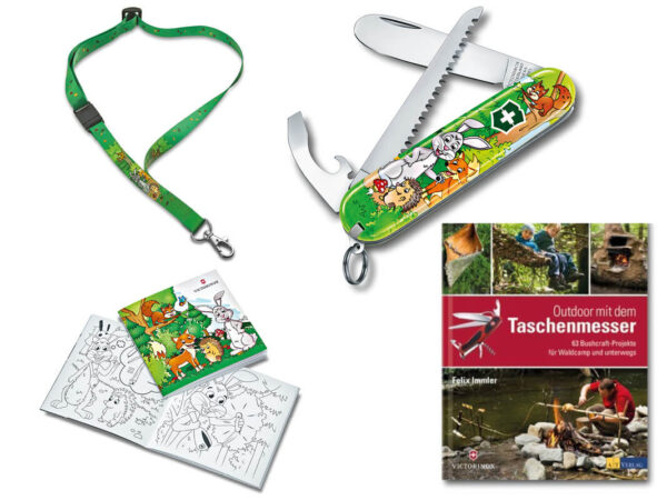 Kindertaschenmesser My first Victorinox Hase Tieredition mit Malbuch und Nackenband und Schnitzbuch - My first Victorinox Geschenkset Tier Edition