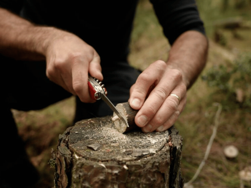 mann saegt ast mit taschenmesser