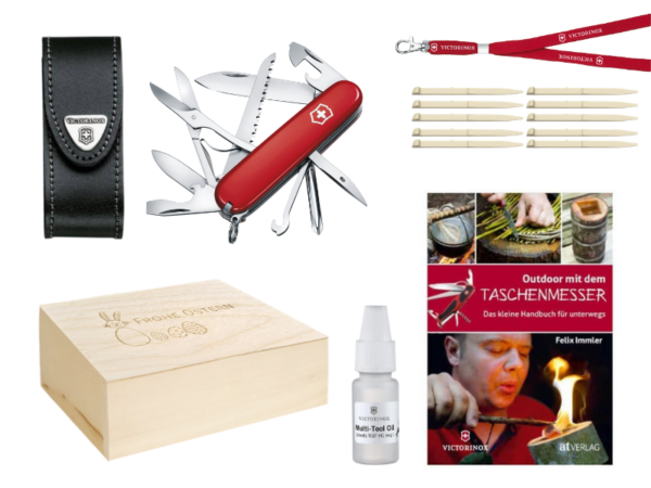 Mittleres Taschenmesser Oster Geschenkset mit Zubehör Schnitzbuch, Nackenband, Etui schwarz, Multitool Öl, Zahnstocher und gravierter Holzbox